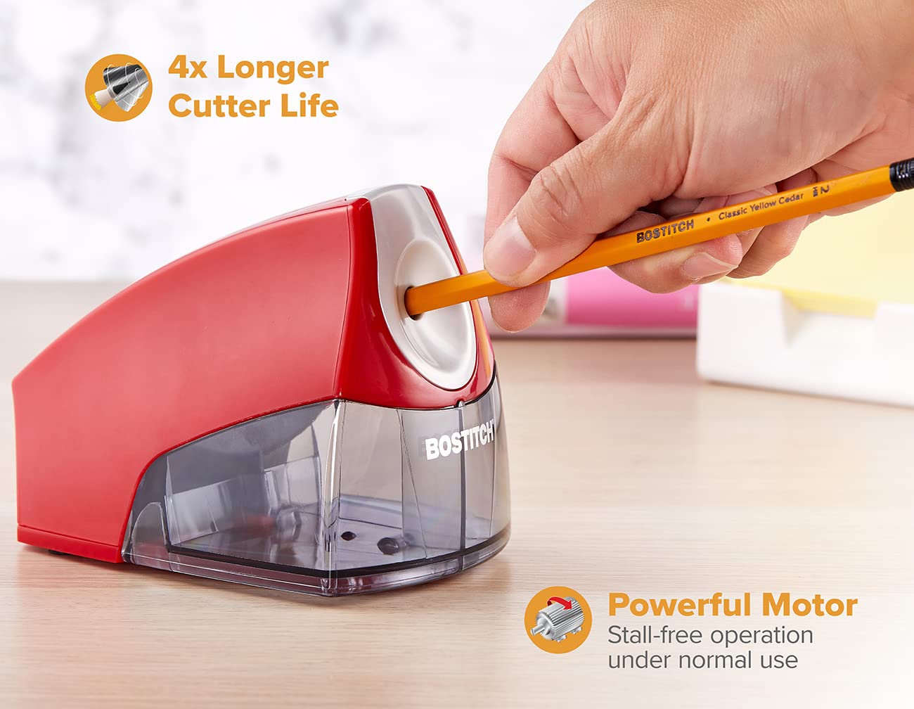 Bostitch Office Personal Electric Pencil Sharpener, Powerful Stall-Free Motor, High Capacity Shavings Tray, Red (EPS4-RED)