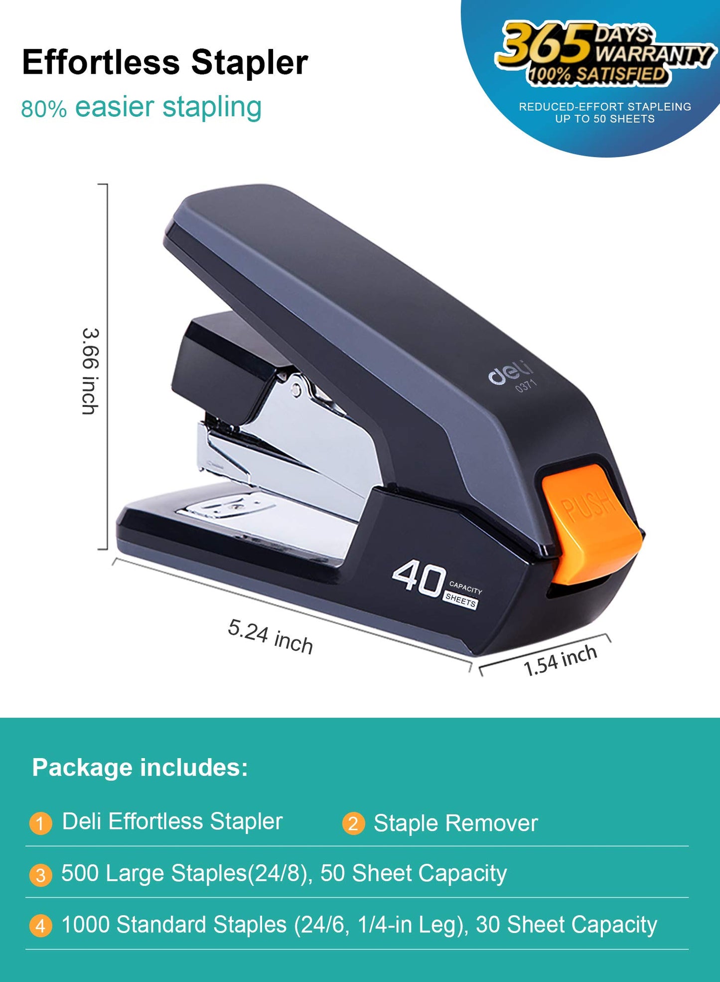 Deli Effortless Desktop Stapler, 40 Sheet Capacity, One Finger Touch Stapling, Easy to Load Ergonomic Heavy Duty Stapler, Includes 1500 Staples and Staple Remover