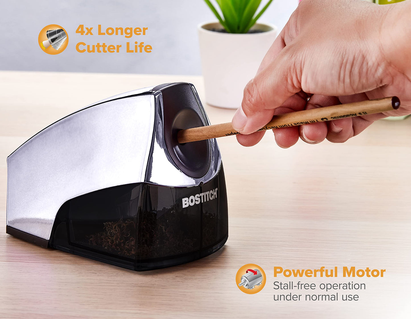 Bostitch Office Personal Electric Pencil Sharpener, Powerful Stall-Free Motor, High Capacity Shavings Tray, 7yr Warranty, Chrome Metallic