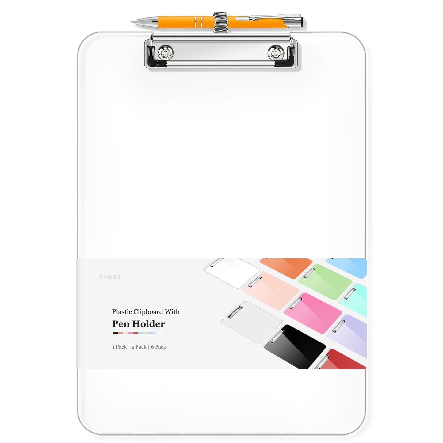Sooez Plastic Clipboard with Pen Holder, [10% Thicker] Clip Boards 8.5x11 with Low Profile Clip, Cute Hanging Clipboard, Standard Letter Size A4 for Women Kid Teacher, Office & School Supplies, Clear