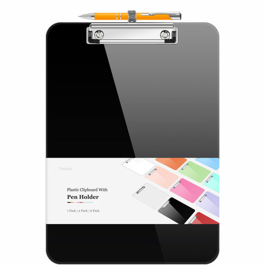 Sooez Plastic Clipboard with Pen Holder, [10% Thicker] Clip Boards 8.5x11 with Low Profile Clip, Cute Hanging Clipboard, Standard Letter Size A4 for Women Kid Teacher, Office & School Supplies, Black
