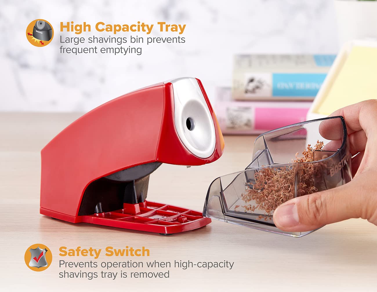 Bostitch Office Personal Electric Pencil Sharpener, Powerful Stall-Free Motor, High Capacity Shavings Tray, Red (EPS4-RED)