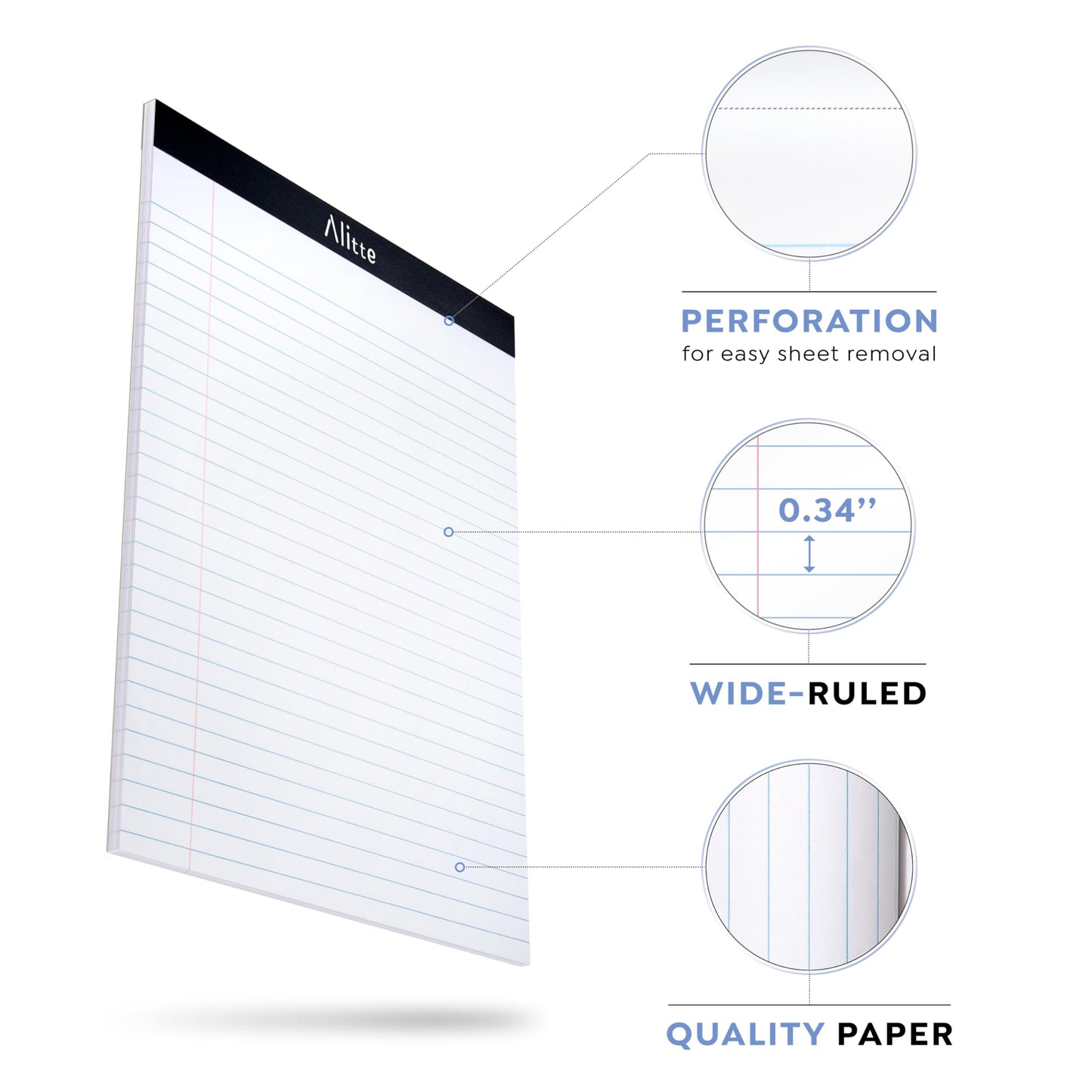 Alitte Legal Notepads 8.5 x 11 | Pack of 12 | Perforated Wide Ruled Writing Pad |50 Sheets Per Notebook