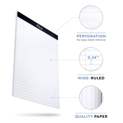 Alitte Legal Notepads 8.5 x 11 | Pack of 12 | Perforated Wide Ruled Writing Pad |50 Sheets Per Notebook