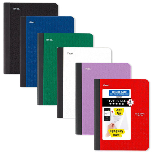 Five Star Composition Books + Study App, 6 Pack, College Ruled Paper, 9-3/4" x 7-1/2", 80 Sheets, Black, Red, Green, Blue, Purple, White (850065A-ECM)