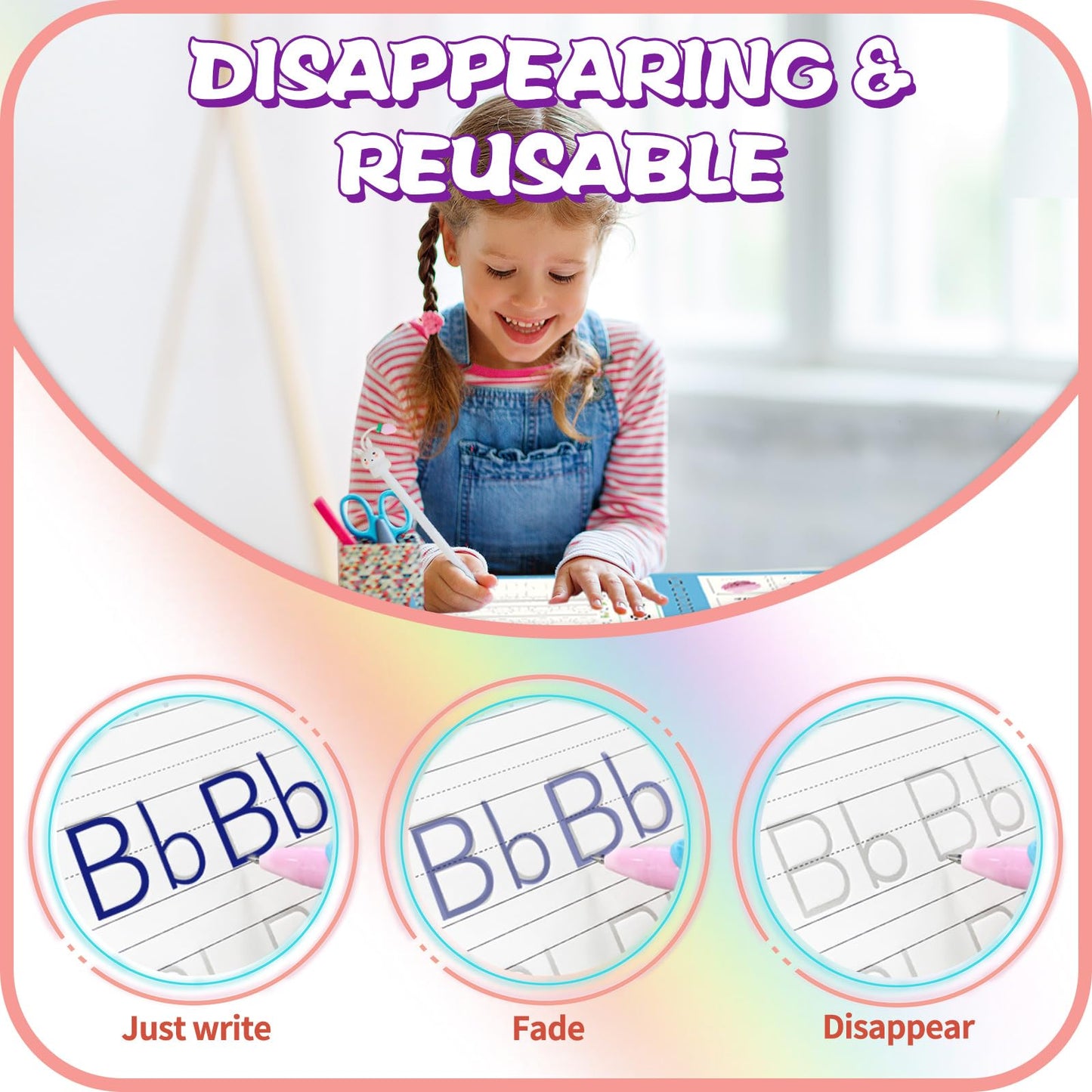 Upgraded Large Size Magic Practice Copybook for Kids, Reusable Writing Practice Book for Kids, Reusable Copybook Preschool for Kids Age 3-8 Calligraphy(4 Books with Pens)-Pink Bag