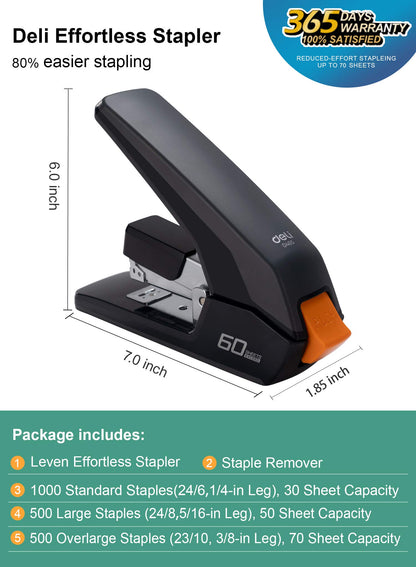 Deli Effortless Heavy Duty Stapler, One Touch Stapling, Easy to Load Ergonomic Stapler, 60 Sheet Capacity, Includes 2000 Staples and Staple Remover for Desktop