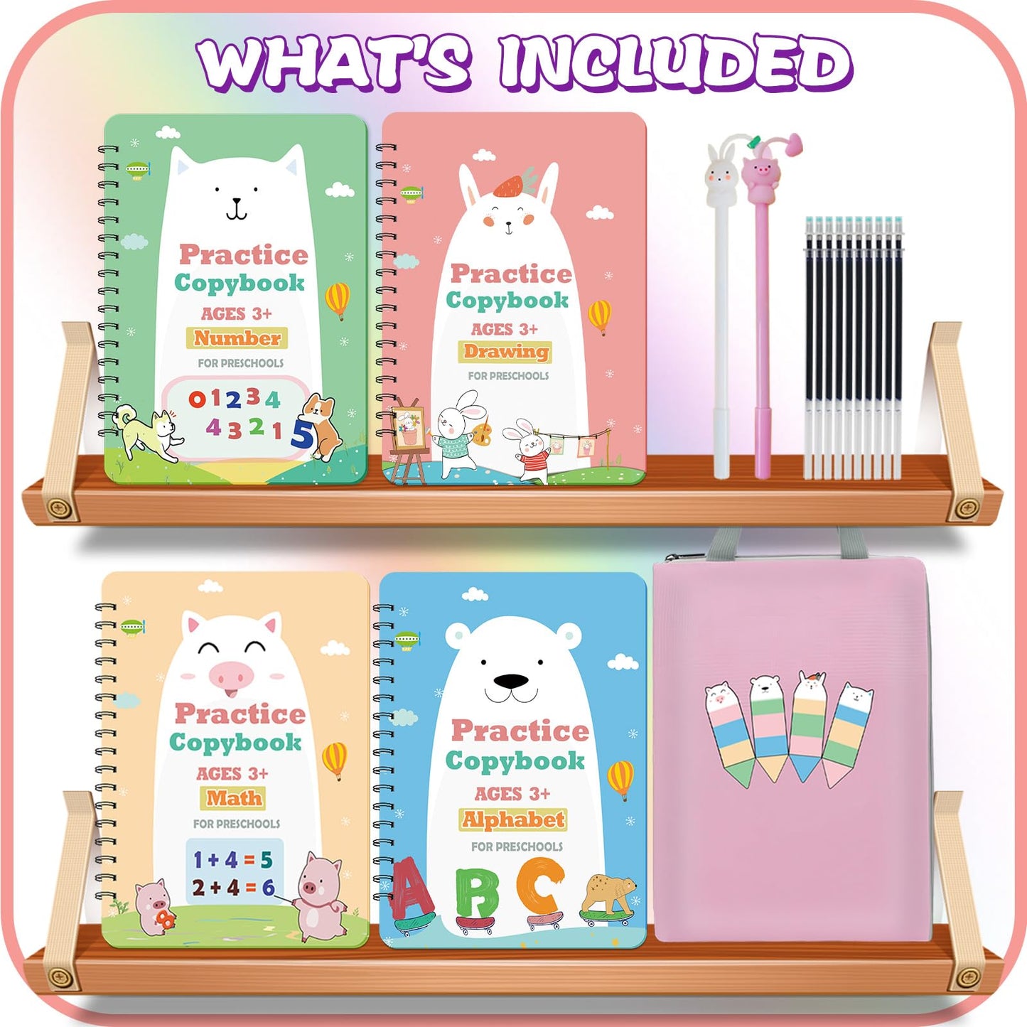 Upgraded Large Size Magic Practice Copybook for Kids, Reusable Writing Practice Book for Kids, Reusable Copybook Preschool for Kids Age 3-8 Calligraphy(4 Books with Pens)-Pink Bag