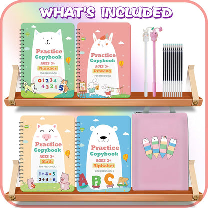 Upgraded Large Size Magic Practice Copybook for Kids, Reusable Writing Practice Book for Kids, Reusable Copybook Preschool for Kids Age 3-8 Calligraphy(4 Books with Pens)-Pink Bag