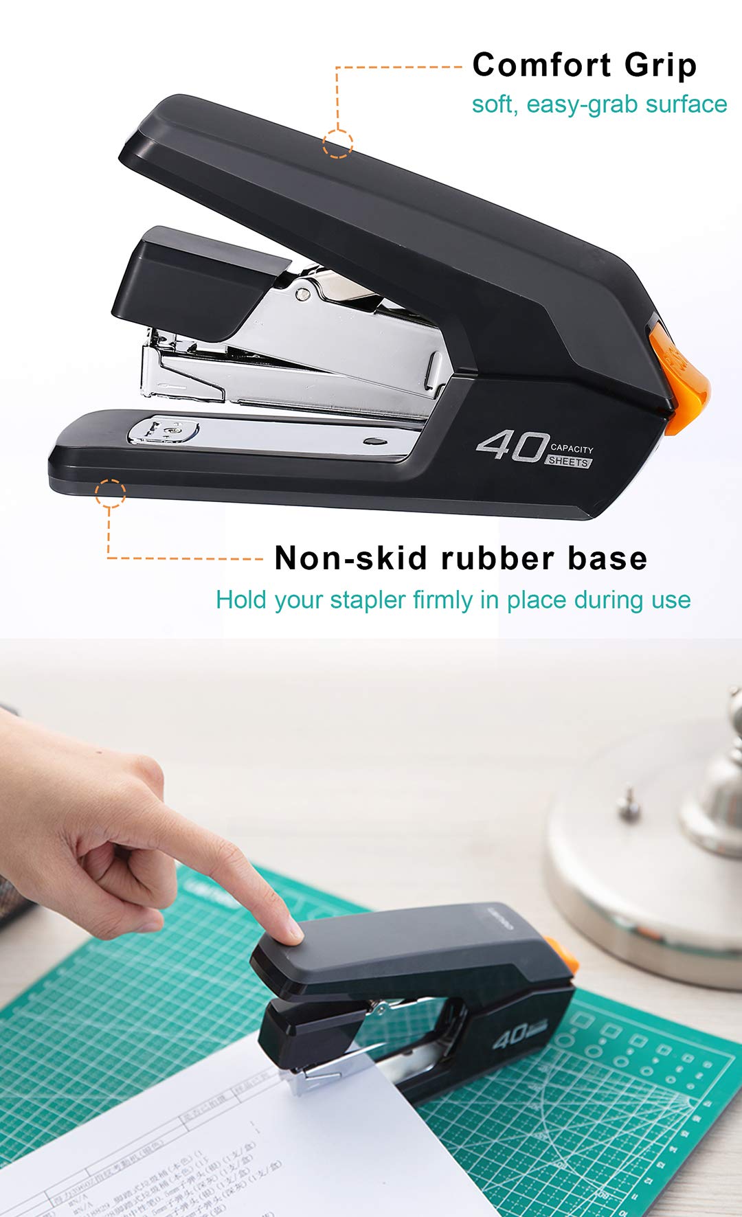 Deli Effortless Desktop Stapler, 40 Sheet Capacity, One Finger Touch Stapling, Easy to Load Ergonomic Heavy Duty Stapler, Includes 1500 Staples and Staple Remover