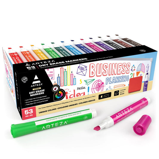 ARTEZA Dry Erase Markers Pack of 52, Chisel Tip, 12 Assorted Colors with Low-Odor Ink, Whiteboard Pens