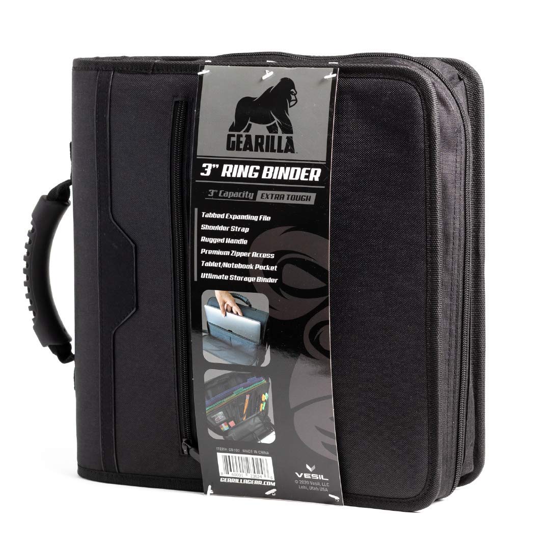 Gearilla Large 3 Ring Binder with Zipper - 3 inch Blacked Out, O-Ring Binder with Tablet Laptop Sleeve - Fits 13 inch Devices - Tactical Carry Handle, Shoulder Strap, for School, Office, and Job Sites