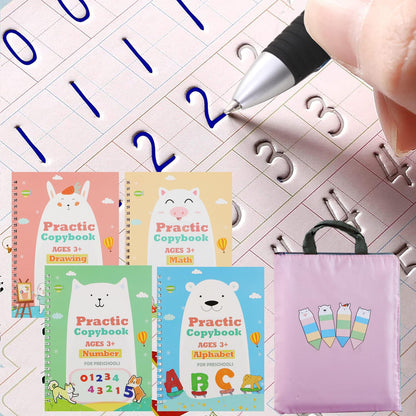 Upgraded Large Size Magic Practice Copybook for Kids, Reusable Writing Practice Book for Kids, Reusable Copybook Preschool for Kids Age 3-8 Calligraphy(4 Books with Pens)-Pink Bag
