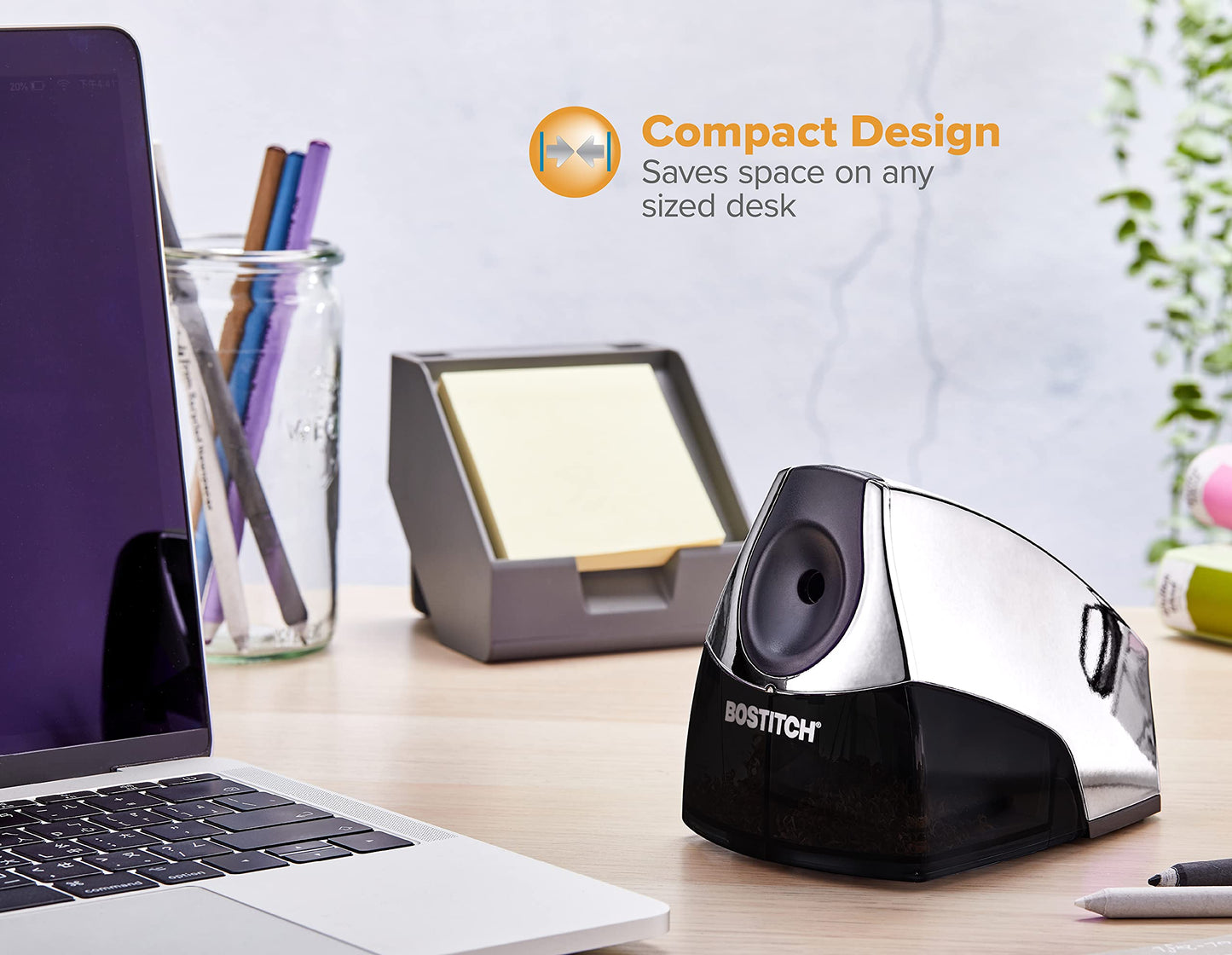 Bostitch Office Personal Electric Pencil Sharpener, Powerful Stall-Free Motor, High Capacity Shavings Tray, 7yr Warranty, Chrome Metallic