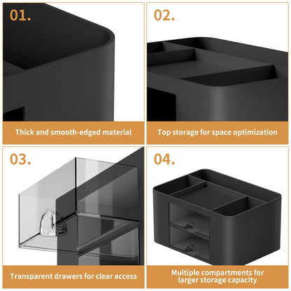 Marbrasse Pen Organizer with 2 Drawer, Multi-Functional Pencil Holder for Desk, Desk Organizers and Accessories with 5 Compartments + Drawer for Office Art Supplies (Black)