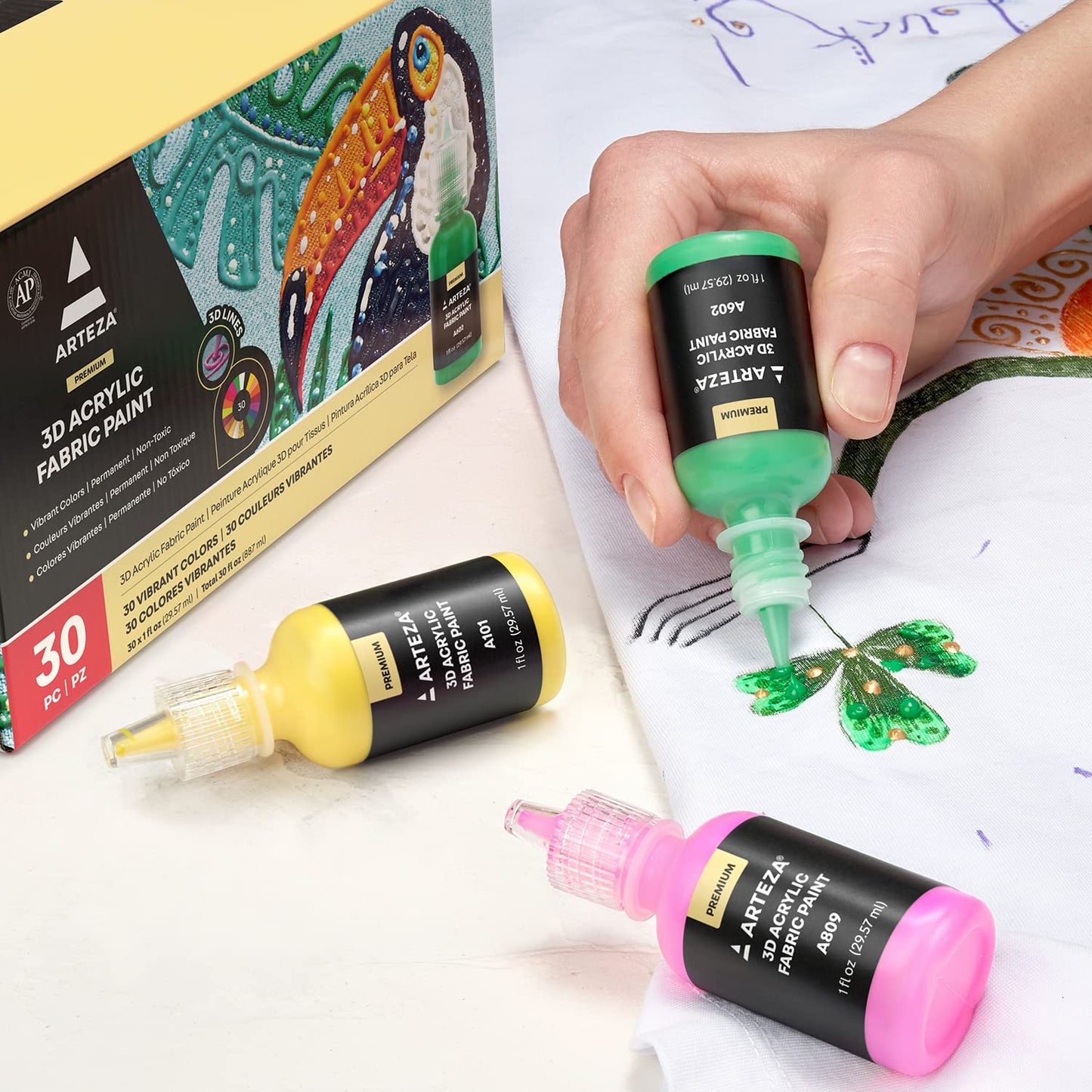 ARTEZA Fabric Paint, Set of 30, Permanent 3D Paint, Glow-in-the-Dark, Glitter, Neon, and Metallic Hues, Paint for Textiles, Canvas, and Wood