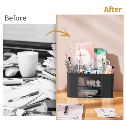 Marbrasse Pen Organizer with 2 Drawer, Multi-Functional Pencil Holder for Desk, Desk Organizers and Accessories with 5 Compartments + Drawer for Office Art Supplies (Black)