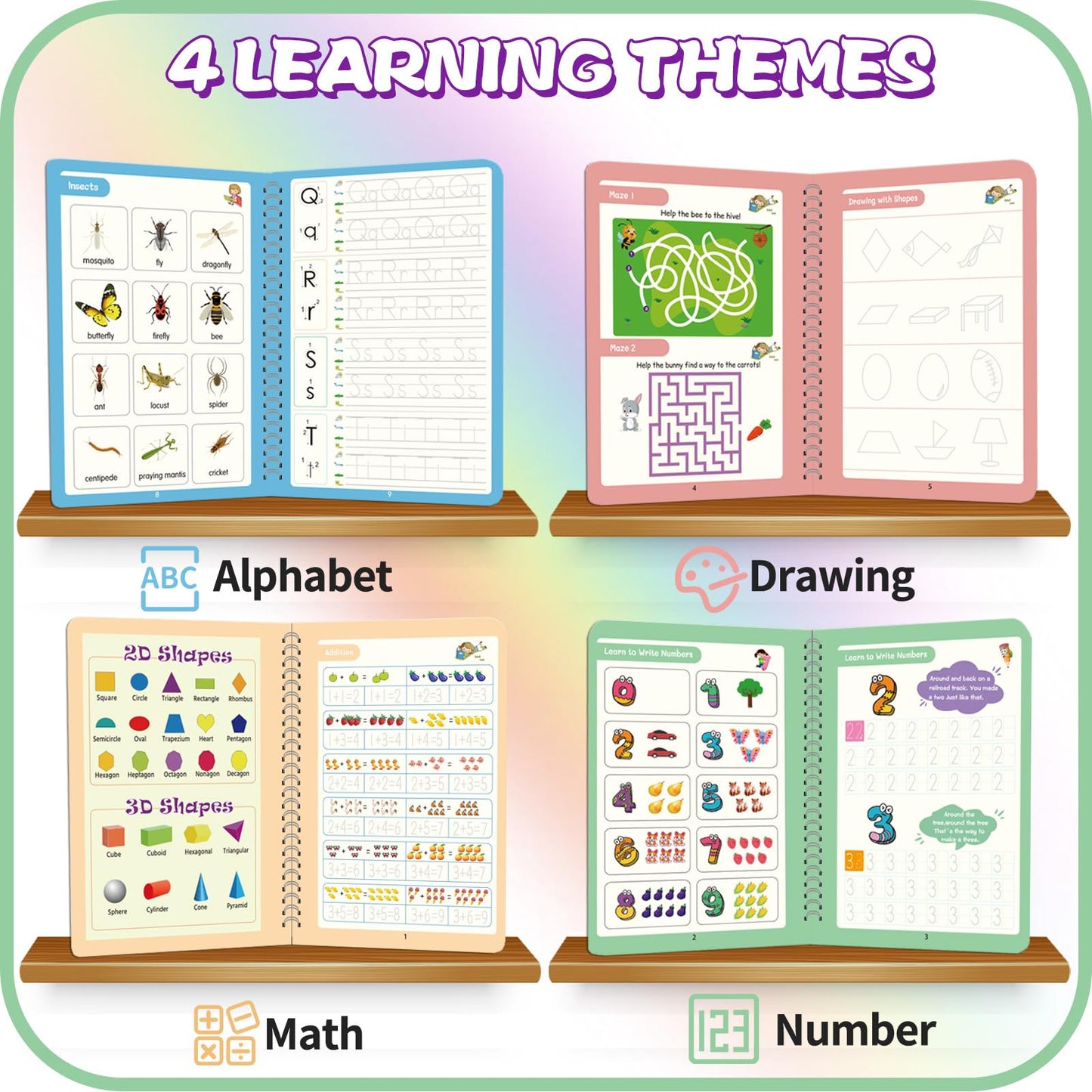 Upgraded Large Size Magic Practice Copybook for Kids, Reusable Writing Practice Book for Kids, Reusable Copybook Preschool for Kids Age 3-8 Calligraphy(4 Books with Pens)-Pink Bag