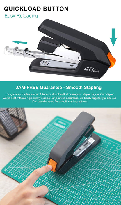 Deli Effortless Desktop Stapler, 40 Sheet Capacity, One Finger Touch Stapling, Easy to Load Ergonomic Heavy Duty Stapler, Includes 1500 Staples and Staple Remover
