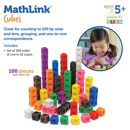 Learning Resources MathLink Cubes - Set of 100 Cubes, Ages 5+ Kindergarten, STEM Activities, Math Manipulatives, Homeschool Supplies, Teacher Supplies
