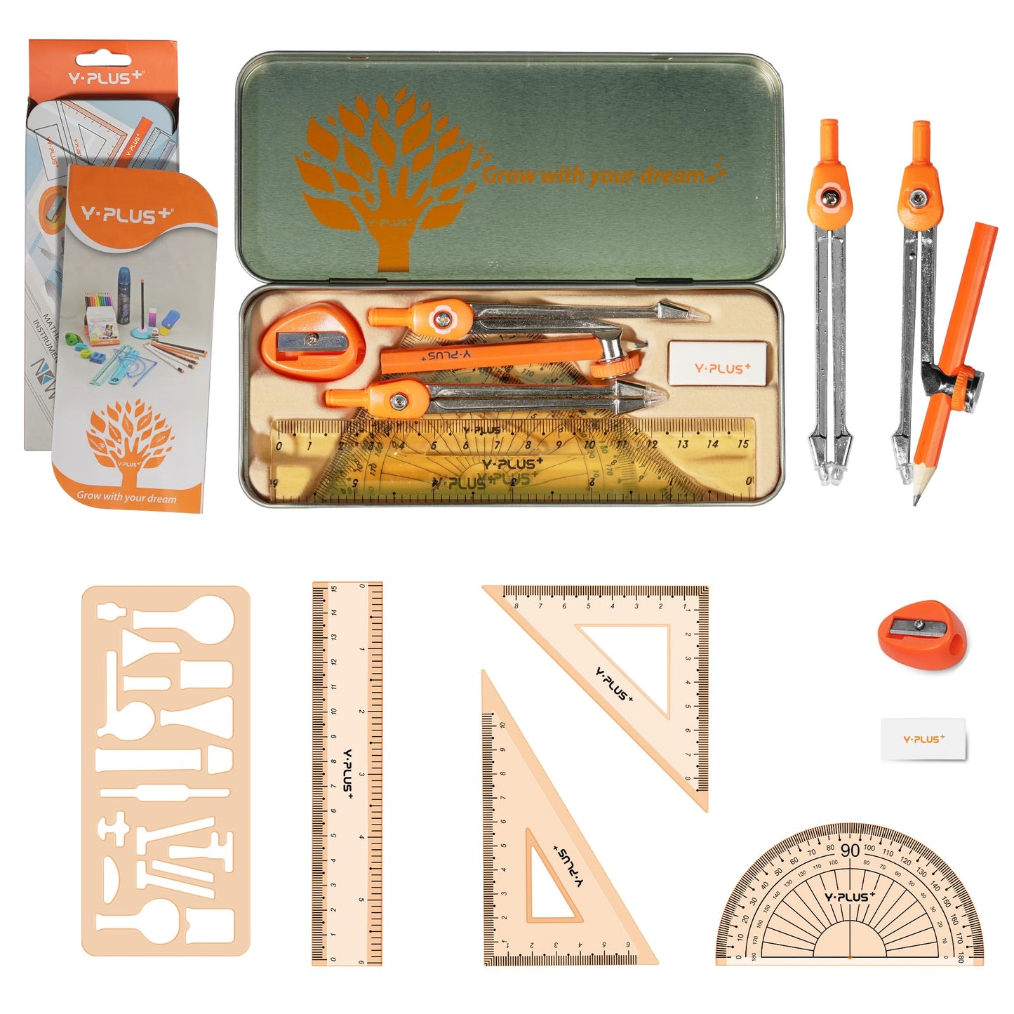 YPLUS Geometry Set for Students, Math Protractor Compass with Rulers, Box of Protactor Kit for Class Supplies and School, Christmas Stocking Stuffers for Kids Toddler 11 Pcs