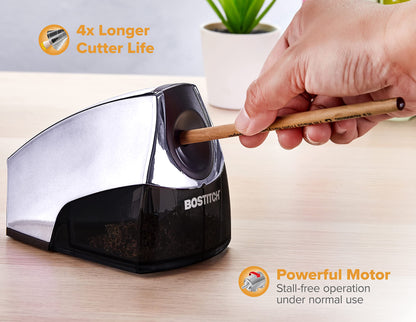 Bostitch Office Personal Electric Pencil Sharpener, Powerful Stall-Free Motor, High Capacity Shavings Tray, 7yr Warranty, Chrome Metallic
