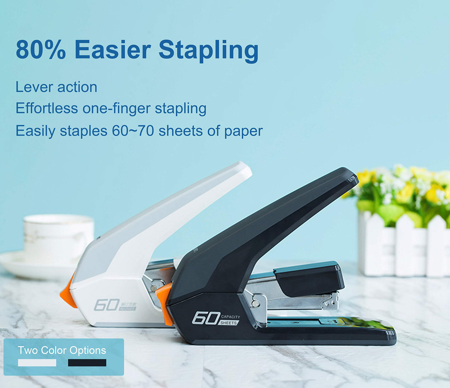 Deli Effortless Heavy Duty Stapler, One Touch Stapling, Easy to Load Ergonomic Stapler, 60 Sheet Capacity, Includes 2000 Staples and Staple Remover for Desktop