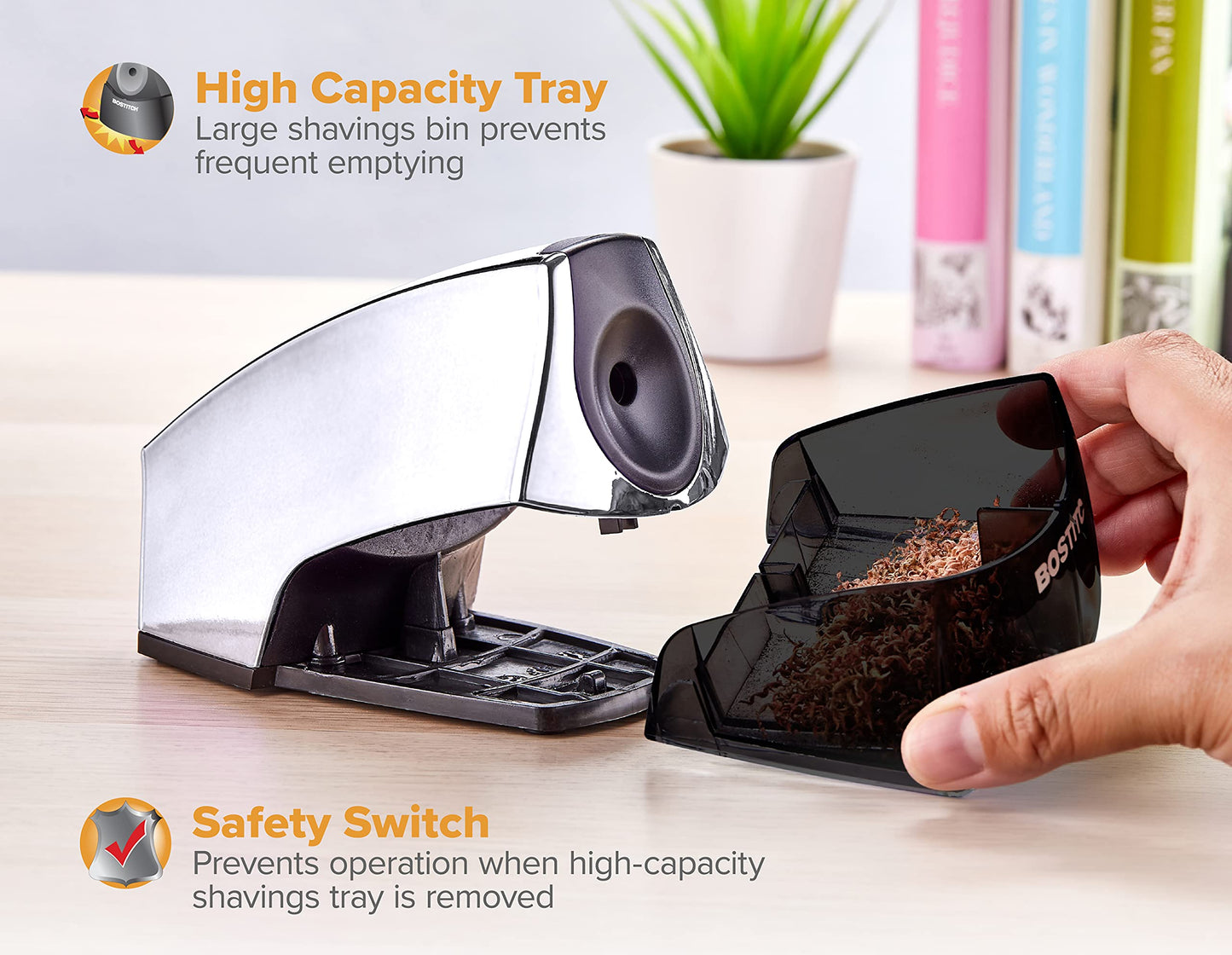 Bostitch Office Personal Electric Pencil Sharpener, Powerful Stall-Free Motor, High Capacity Shavings Tray, 7yr Warranty, Chrome Metallic