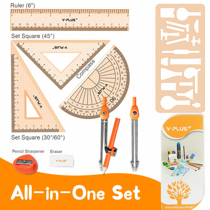 YPLUS Geometry Set for Students, Math Protractor Compass with Rulers, Box of Protactor Kit for Class Supplies and School, Christmas Stocking Stuffers for Kids Toddler 11 Pcs