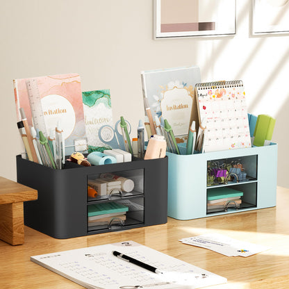 Marbrasse Pen Organizer with 2 Drawer, Multi-Functional Pencil Holder for Desk, Desk Organizers and Accessories with 5 Compartments + Drawer for Office Art Supplies (Black)