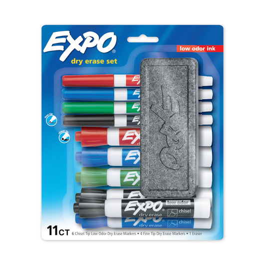 EXPO Dry Erase Markers Set, Mixed Tip White Board Markers with White Board Eraser, Assorted Colors, 11 Count