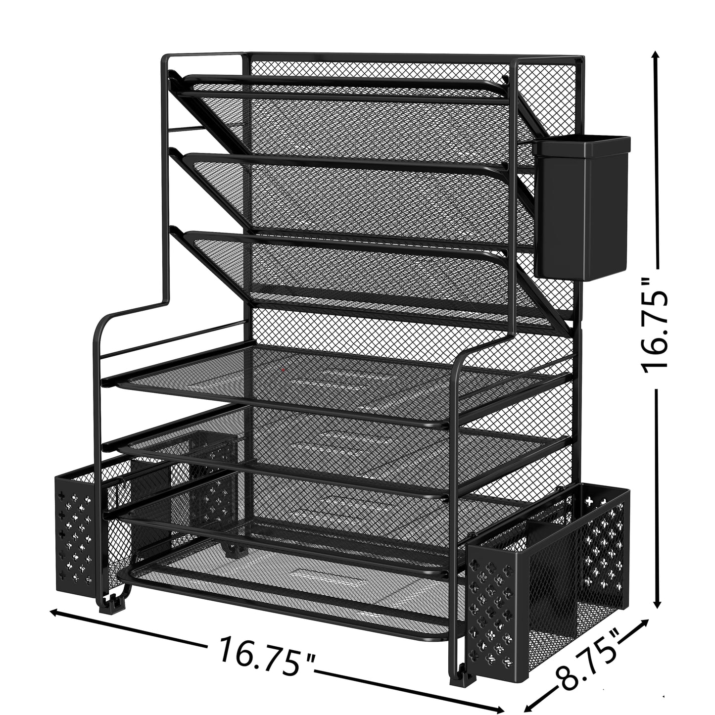 Simple Trending 7 Tier Desk File Organizer, Letter Tray Paper Organizer with Pen Holder and Metal Hanging Basket, Black